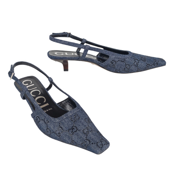 GUCCI Blue Denim GG Crystal Monogram Demi Slingback Pump Women's EU 38 / US 8 - Picture 1 of 13